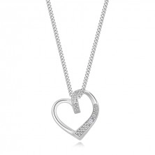Strieborný 925 náhrdelník - číre diamanty, obrys srdca so zvlneným ramenom, nastaviteľný