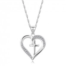 Strieborný 925 náhrdelník - obrys srdca so zirkónmi, latinský kríž