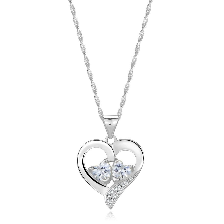 Strieborný 925 náhrdelník - srdce so širším zatočeným ramenom, srdiečkové zirkóny