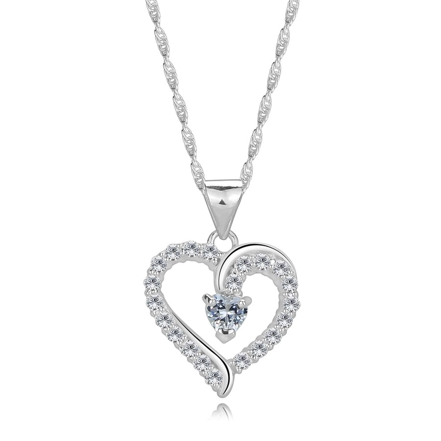 Strieborný 925 náhrdelník - obrys srdca so zirkónovými ramenami, srdiečkový zirkón