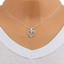 Strieborný 925 náhrdelník - obrys srdca so zirkónovými ramenami, srdiečkový zirkón