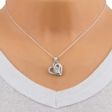 Strieborný 925 náhrdelník - obrys srdca so zdvojenou polovicou, srdiečkový zirkón, zirkóniky