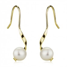 Zlaté 9K náušnice - zvlnená línia, biela kultivovaná perla, afroháčiky