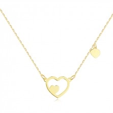 Zlatý 14K náhrdelník v žltej farbe - kontúra srdca, dve plné srdiečka