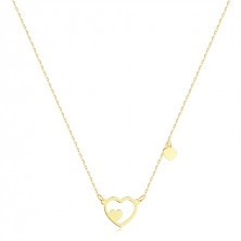 Zlatý 14K náhrdelník v žltej farbe - kontúra srdca, dve plné srdiečka