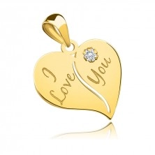 Zlatý 9K prívesok, žlté zlato - srdce s výrezom, zirkón, nápis I Love You