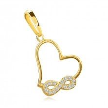 Prívesok zo žltého zlata 375 - asymetrické srdce, symbol Infinity, číre zirkóny