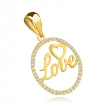 Prívesok v 14K žltom zlate - nápis Love a srdce v zirkónovej obruči