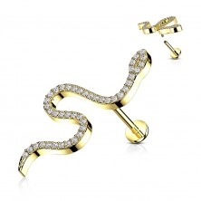 Skrutkovací labret piercing z ocele - motív hada, okrúhle zirkóny, 6 mm