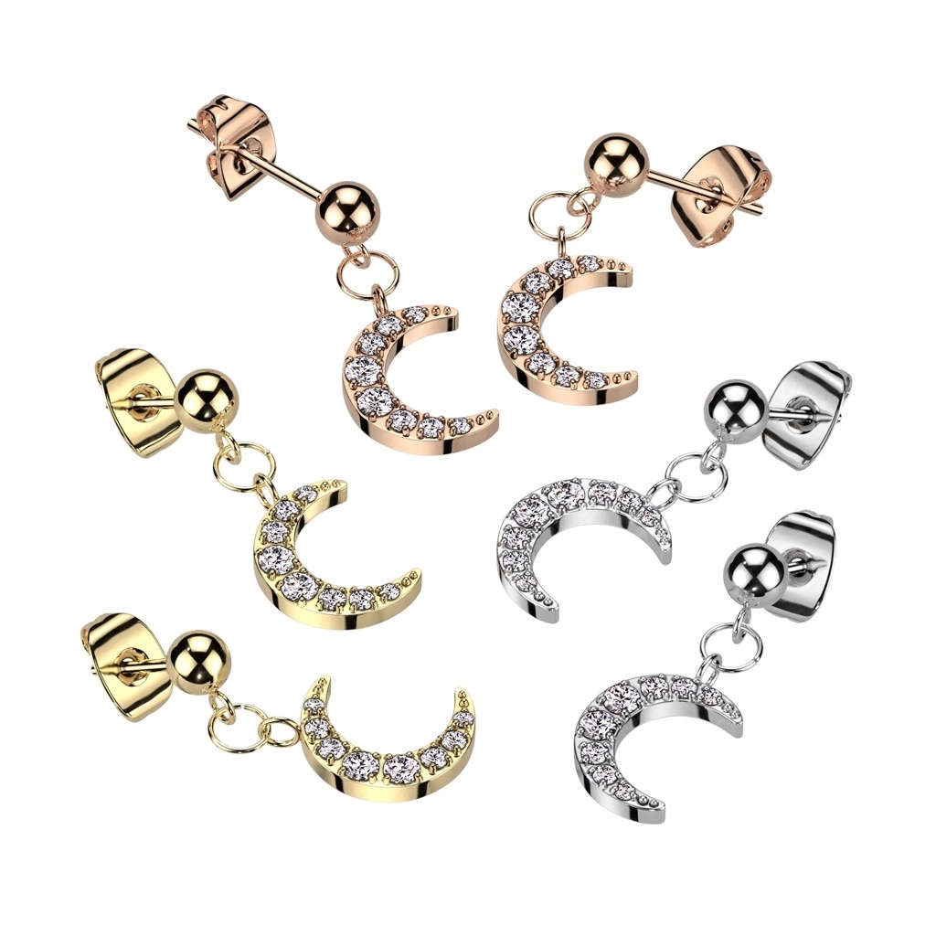 E-shop Šperky Eshop - Puzetové náušnice v chirurgickej oceli - mesiac zdobený okrúhlymi zirkónmi V07.08 - Farba: Zlatá