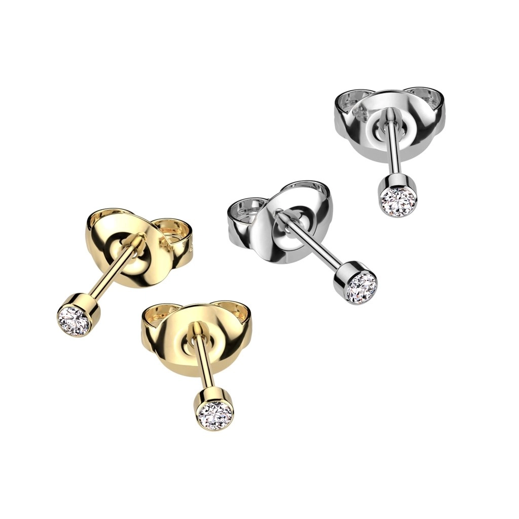 E-shop Šperky Eshop - Titánové náušnice - okrúhle zirkóny, hladký lem, puzetky, 3 mm V07.20 - Farba: Zlatá
