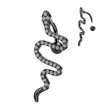 Oceľový piercing do pupku - plaziaci sa had, priehľadné zirkóny, PVD