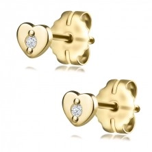 Diamantové náušnice zo žltého 585 zlata - srdce s briliantom, puzetky
