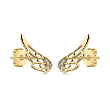 Puzetové náušnice zo žltého 14K zlata - anjelské krídla s výrezmi, číre zirkóny
