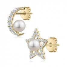 Náušnice v žltom zlate 585 - mesiac a hviezda, biela sladkovodná perla, zirkóny