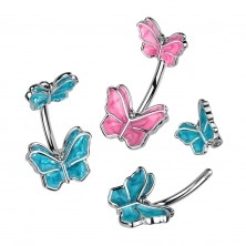 Piercing do brucha z ocele - motýľ v ružovej alebo modrej farbe, ródiovaný