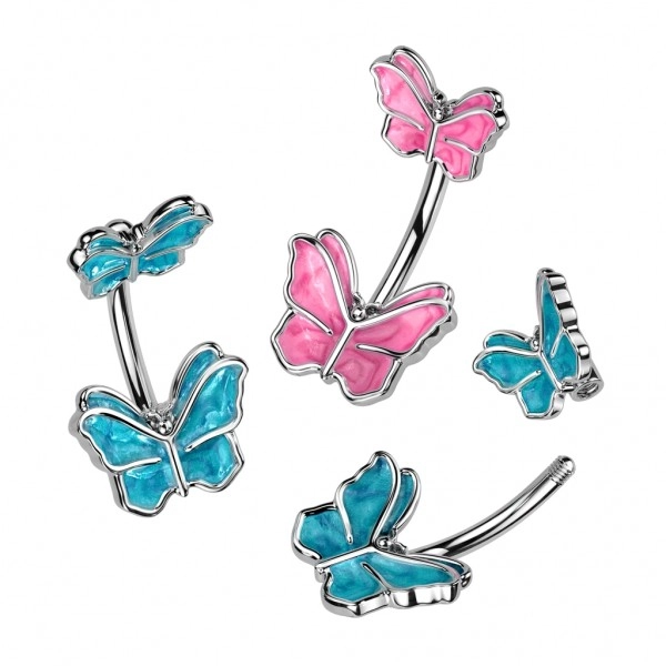 Piercing do brucha z ocele - motýľ v ružovej alebo modrej farbe, ródiovaný