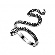 Otvorený prsteň z nehrdzavejúcej ocele - motív hada, strieborná farba s patinou