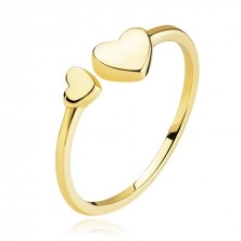 Zlatý 14K prsteň zo žltého zlata - hladké srdcia, otvorené ramená