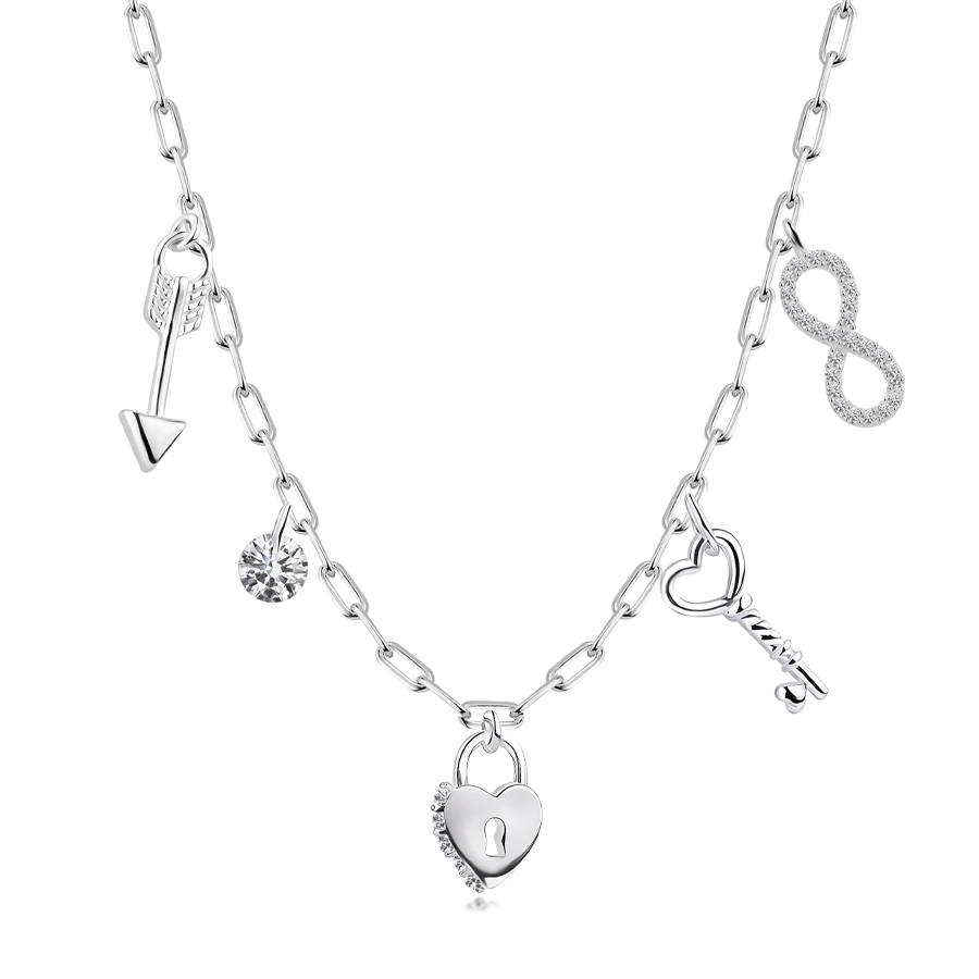 Strieborný 925 náhrdelník - šíp, číry zirkón, visiaci zámok, kľúč a Infinity