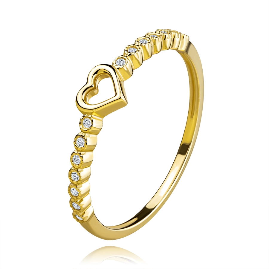 Zlatý prsteň z 9K žltého zlata - obrys srdca, kvietky z čírych zirkónov - Veľkosť: 51 mm
