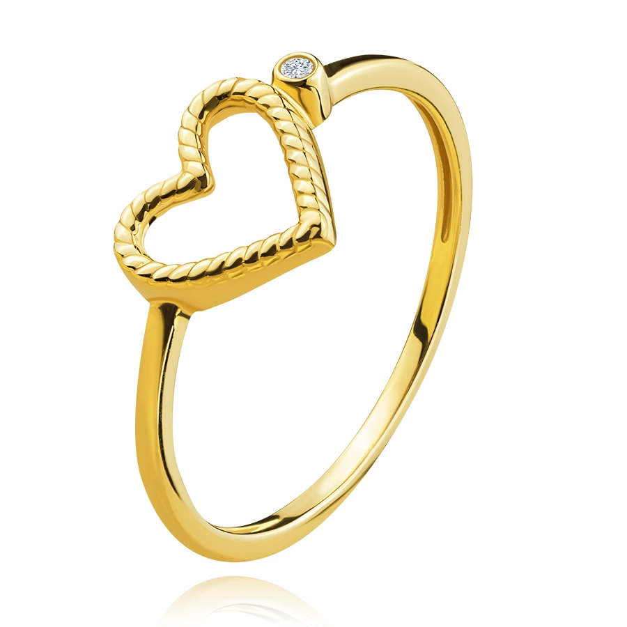 Prsteň zo žltého 585 zlata - vrúbkované srdce, okrúhly zirkón - Veľkosť: 49 mm