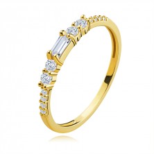 Zlatý 585 prsteň zo žltého zlata - obdĺžnikový a okrúhle číre zirkóny