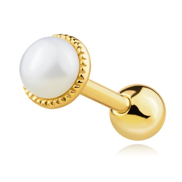 Rovný piercing do ucha v žltom zlate 585 - sladkovodná perla, vrúbkovaný lem