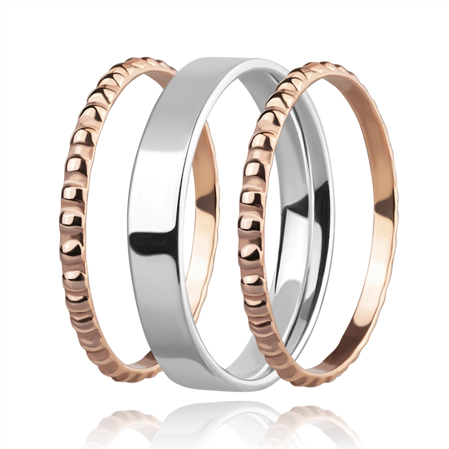 Trojset prsteňov zo striebra 925 - strieborná obrúčka, vrúbkované prstene ružovozlatej farby - Veľkosť: 56 mm