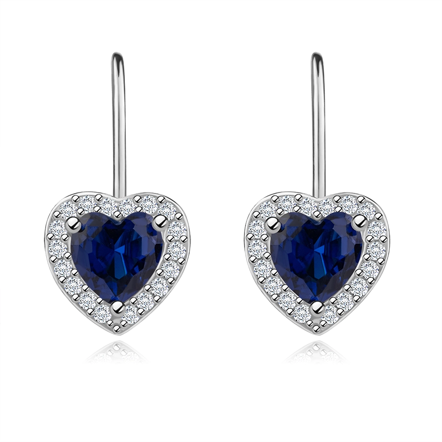 925 Silver earrings - blue zircon heart, clear zircon rim, ladies patent