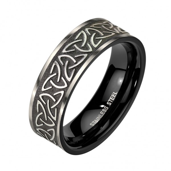 Prsteň z ocele 316L v čiernej farbe - keltský uzol Triquetra striebornej farby