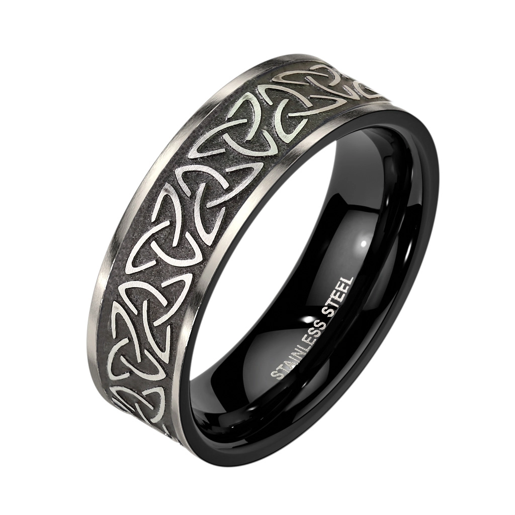 Prsteň z ocele 316L v čiernej farbe - keltský uzol Triquetra striebornej farby - Veľkosť: 67 mm