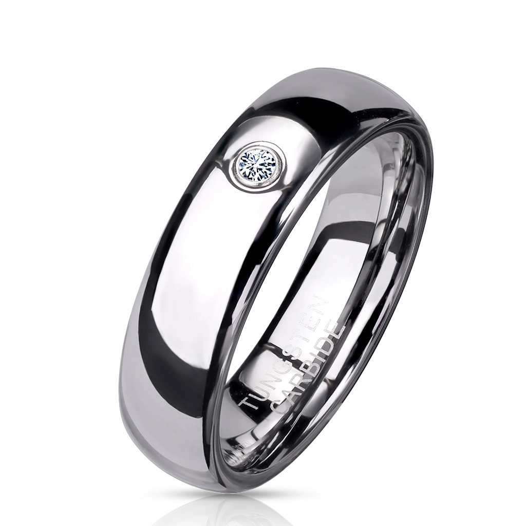 Wolfrámový prsteň striebornej farby, vypuklé ramená, okrúhly zirkón, 6 mm - Veľkosť: 49 mm