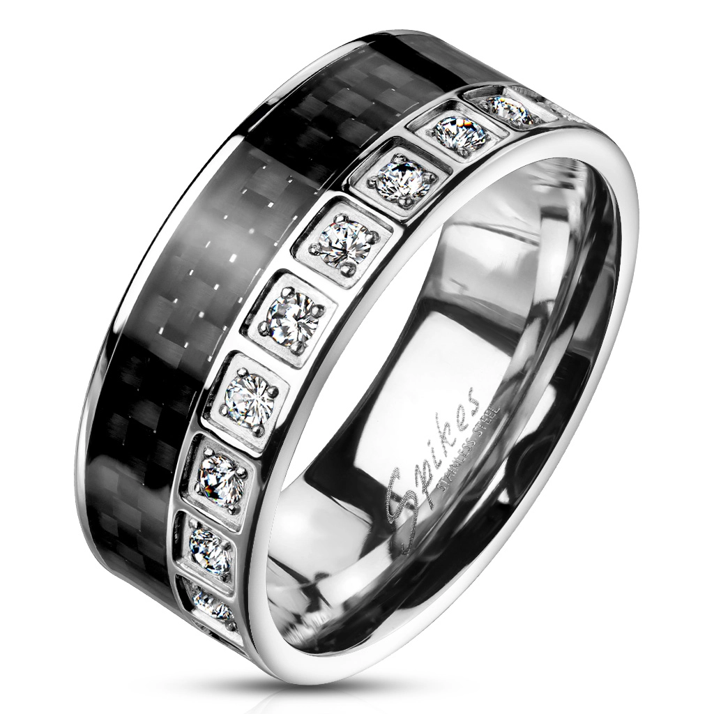 Oceľový prsteň striebornej farby - čierne uhlíkové vlákno, číre zirkóny - Veľkosť: 67 mm