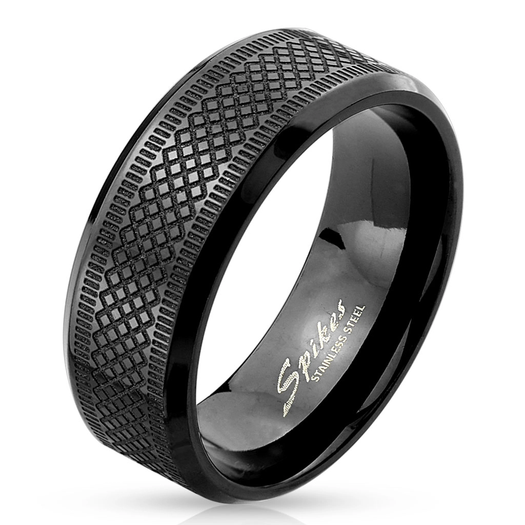Čierny prsteň z nehrdzavejúcej ocele - motív diamantového rezu, obdĺžniky - Veľkosť: 60 mm