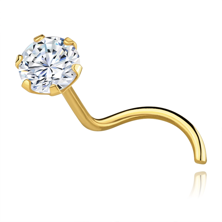 Zahnutý piercing do nosa zo žltého 14K zlata - okrúhly zirkón, 0,6 mm