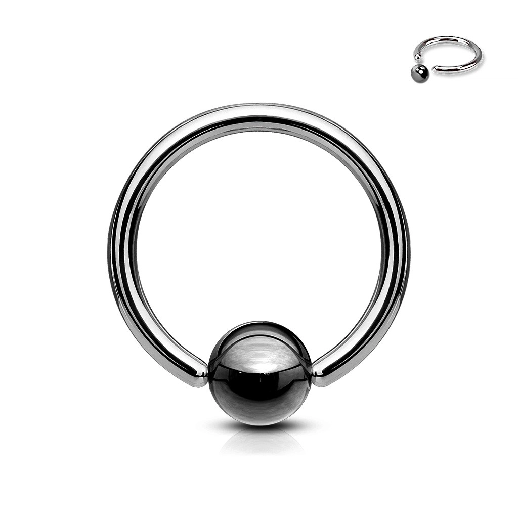 Piercing z ocele 316L - krúžok s tmavosivou guličkou - Rozmer: 2 mm x 10 mm x 5 mm