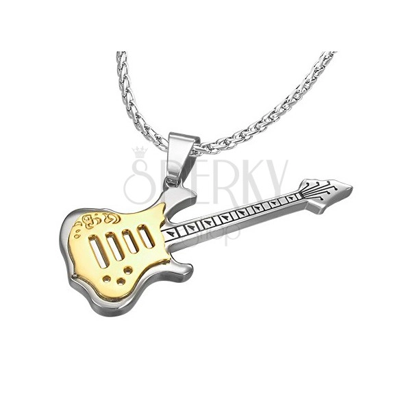 Oceľový prívesok - tvar gitara, zlato - strieborná farba
