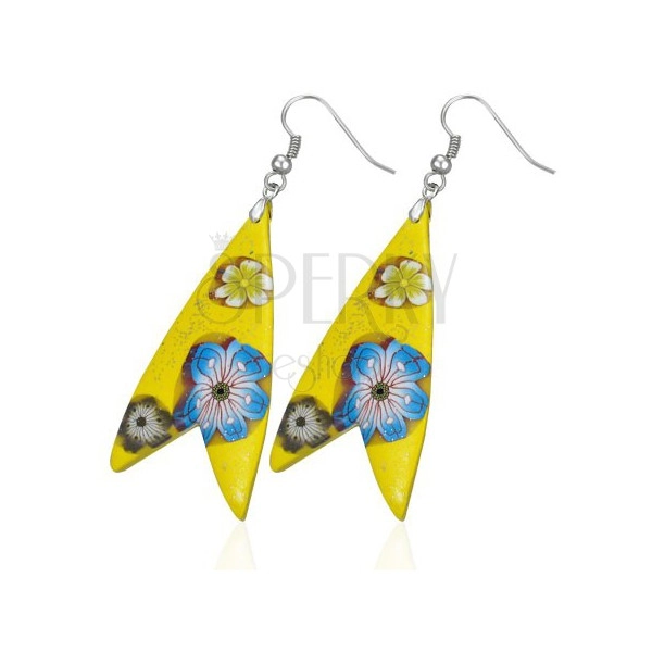 Náušnice Fimo - žltý trojuholník, tvar rybka, kvietky