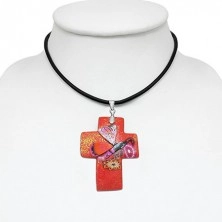 Náhrdelník Fimo - červený glitrovaný kríž a motýľ
