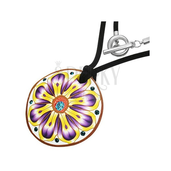 Fimo náhrdelník - okrúhly, fialovožltý kvet, zirkóny