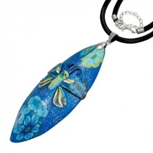 Fimo náhrdelník - modrý glitrovaný s motýľom