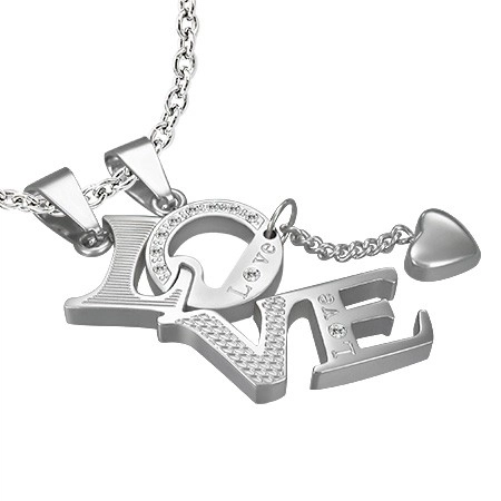 E-shop Šperky Eshop - Prívesok z ocele pre zamilovaných LOVE - srdiečko, zirkóny, nápis R2.9
