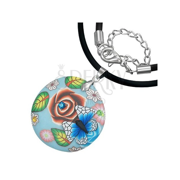 FIMO náhrdelník - modrý kruh s motýľom, zirkóny, kvety