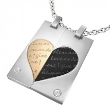 Prívesok z ocele pre zamilovaných - obdĺžnik, srdce, nápis