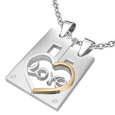 E-shop Šperky Eshop - Dvojprívesok z ocele pre zamilovaných LOVE - obdĺžnik a srdce AB31.15