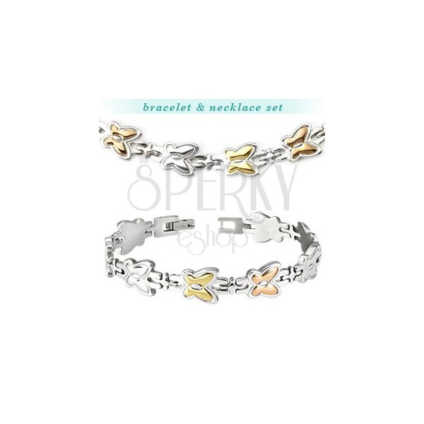 Oceľový náhrdelník a náramok - dvojfarebné motýle