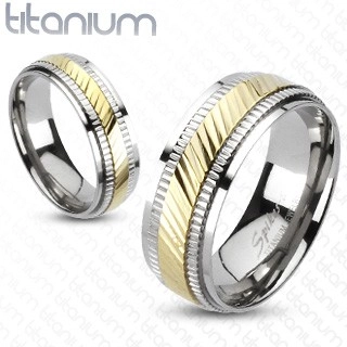 Titánový prsteň - dvojfarebný, vrúbkovaný - Veľkosť: 64 mm