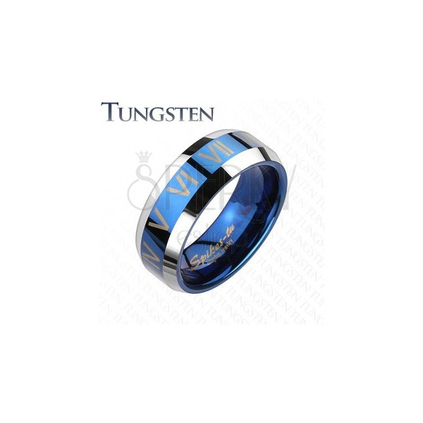 Tungstenový prsteň - modro striebornej farby, rímske čísla