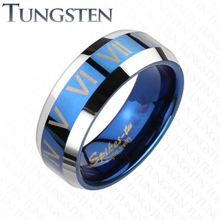 Tungstenový prsteň - modro striebornej farby, rímske čísla - Veľkosť: 64 mm